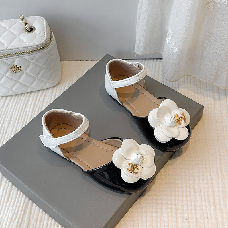 Chanel Kids Black White Leather Flat